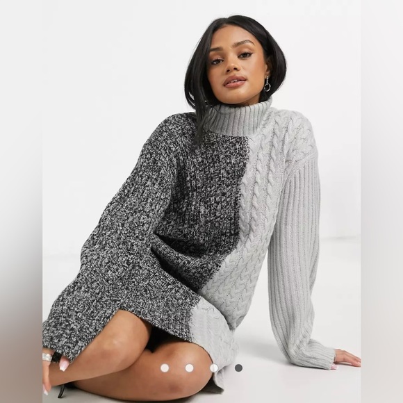 New - Violet Romance contrast cable knit roll neck sweater dress in grey - Picture 2 of 3